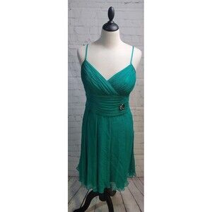 Maggy London Jade Green 100% Silk Ruched Dress size 10 V Neck Spaghetti Strap